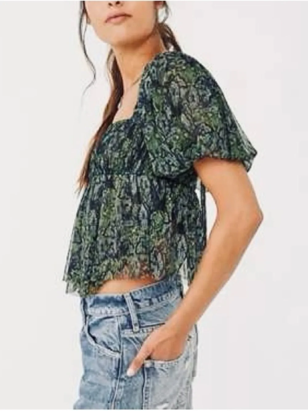 Free People Penelope Top M Green Black Sheer Puff Sleeve Smocked Peplum